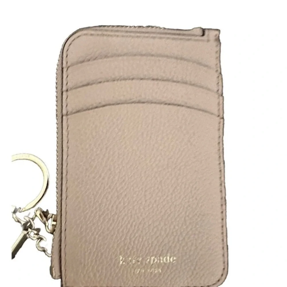 Kate Spade New York Pebbled Leather Zip Card Holder Key‎ Ring Taupe Mauve 11-11